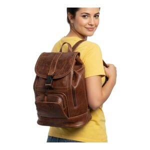 Vintage Boho Waxed Brown Leather Backpack Convertible Strap Rucksack Knapsack
